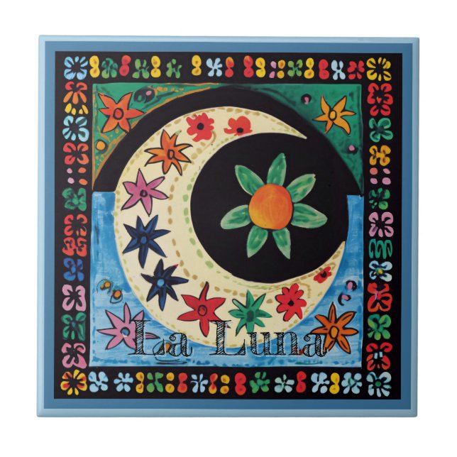 Huichol Loteria Ceramic Tile: La Luna Ceramic Tile Kakelplatta (Framsidan)