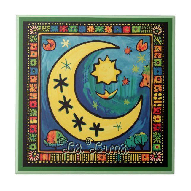 Huichol Loteria Ceramic Tile: La Luna Ceramic Tile Kakelplatta (Framsidan)