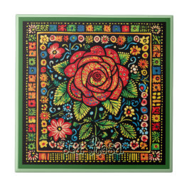 Huichol Loteria Ceramic Tile: La Rosa Ceramic Tile Kakelplatta