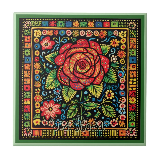 Huichol Loteria Ceramic Tile: La Rosa Ceramic Tile Kakelplatta (Framsidan)