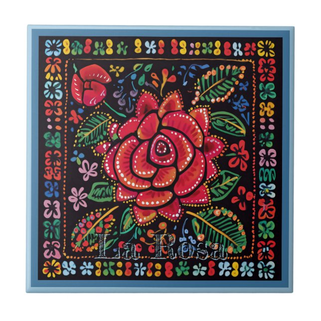 Huichol Loteria Ceramic Tile: La Rosa Ceramic Tile Kakelplatta (Framsidan)