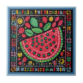 Huichol Loteria Ceramic Tile: La Sandia Tile Kakelplatta