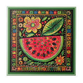 Huichol Loteria Ceramic Tile: La Sandia Tile Kakelplatta