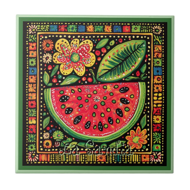 Huichol Loteria Ceramic Tile: La Sandia Tile Kakelplatta (Framsidan)