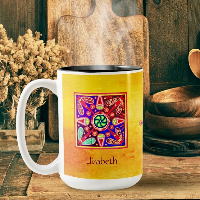 Huichol Mexican Art Bohemian Colorful Två-Tonad Mugg (Enjoy your coffee in our personalized Huichol Mexican Art Bohemian Colorful Mug—vibrant and unique!)