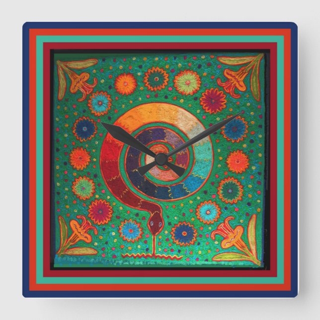 Huichol Peyote Rityt Vägglås Fyrkantig Klocka (Framsida)