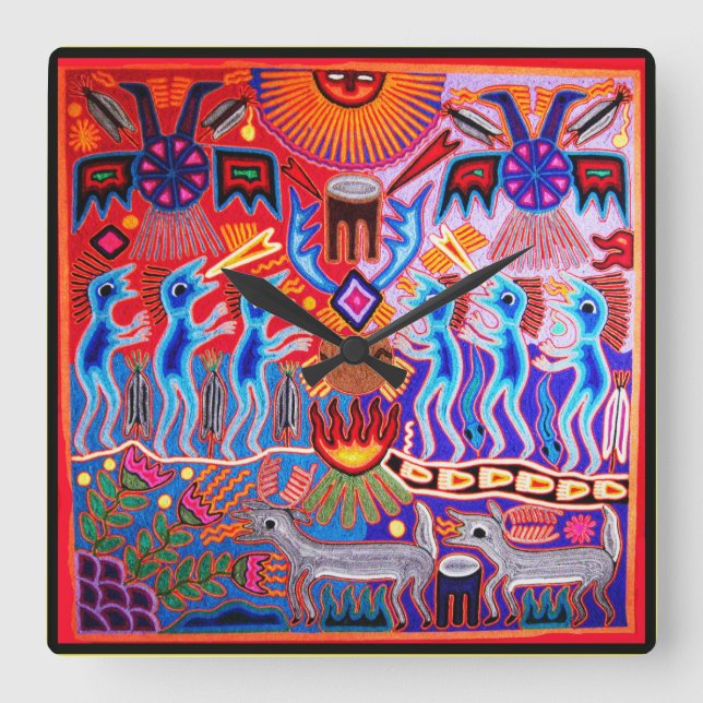 Huichol Ritual Peyote Ceremony Wall Clock Fyrkantig Klocka (Framsida)