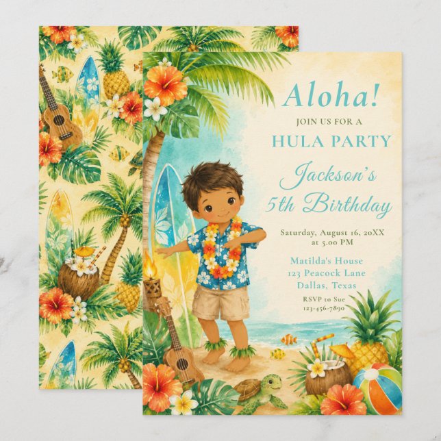 Hula födelsedagsfest inbjudningar (Fram/baksida)