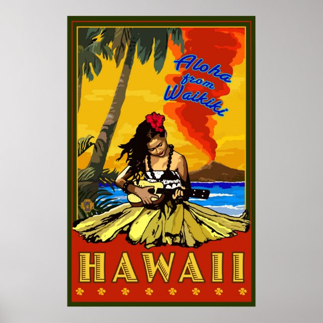 Hula Girl - Waikiki, Hawaii Diamond Head Poster (Framsidan)
