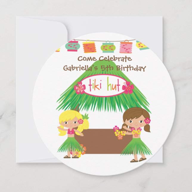 Hula Girls Tiki Hut Round Luau Birthday-inbjudan Inbjudningar (Framsida)