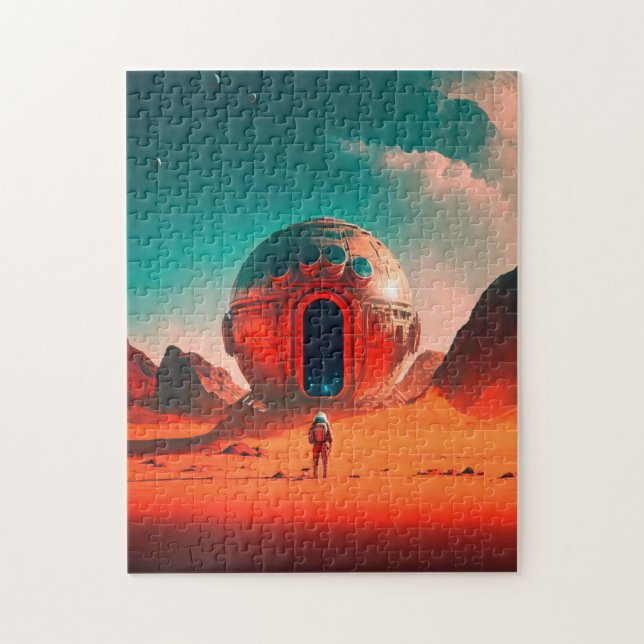 Human Astronauter Utforska en Alien Planet Sci-Fi Pussel (Vertikal)