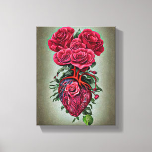 Human Heart med Röd ros blommor surreal art Post Canvastryck
