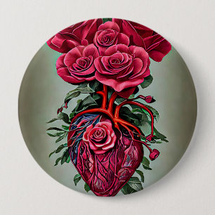 Human Heart med Röd ros blommor surreal konst Knapp