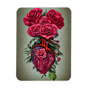 Human Heart med Röd ros blommor surreal konst Magnet