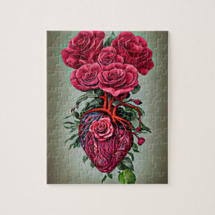 Human Heart med Röd ros blommor surreal konst Pussel