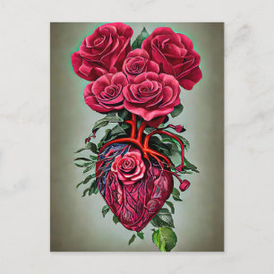 Human Heart med Röd ros blommor surreal konst Vykort
