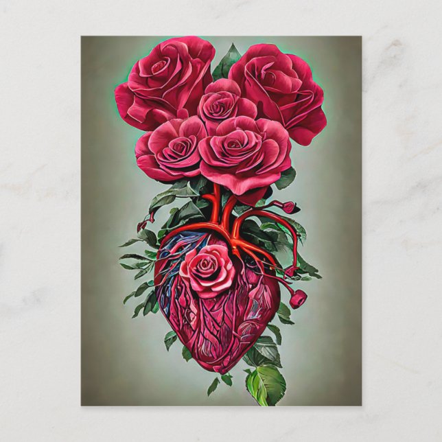 Human Heart med Röd ros blommor surreal konst Vykort (Framsida)