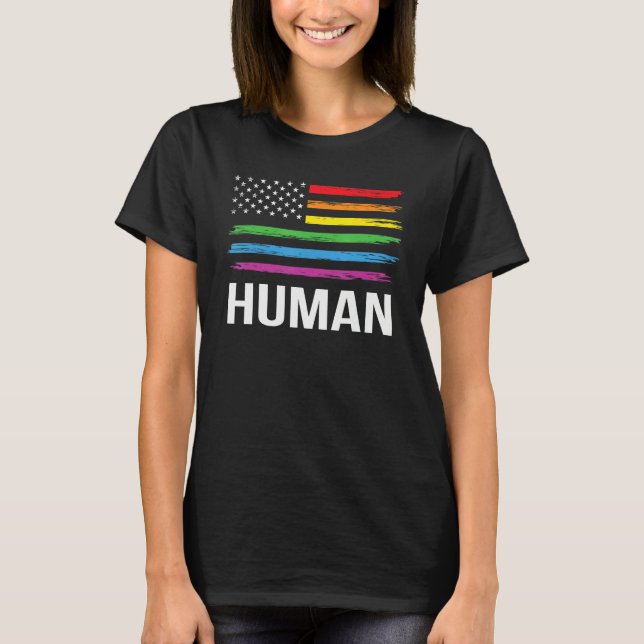 HUMAN Rainbow LGBT Flag Gay Pride Month Lesbian T Shirt (Framsida)