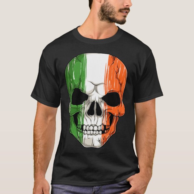 Human Skull Head With Irish Flag Pattern St Patric T Shirt (Framsida)