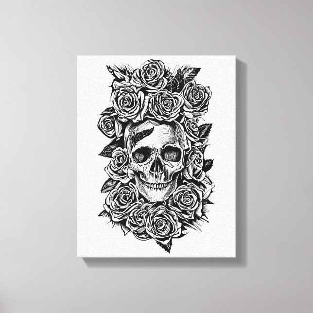 Human Skull Roses Goth Biker Art Illustration Canvastryck (Framsida)