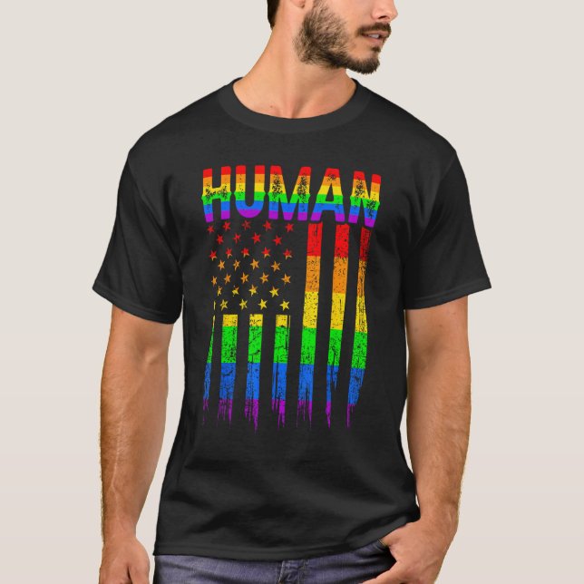 Human USA Flag LGBT Gay Pride Month Rainbow Suppor T Shirt (Framsida)