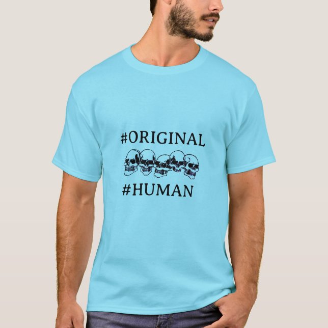 #HUMAN WITH SKULLS IN BLUE T SHIRT (Framsida)