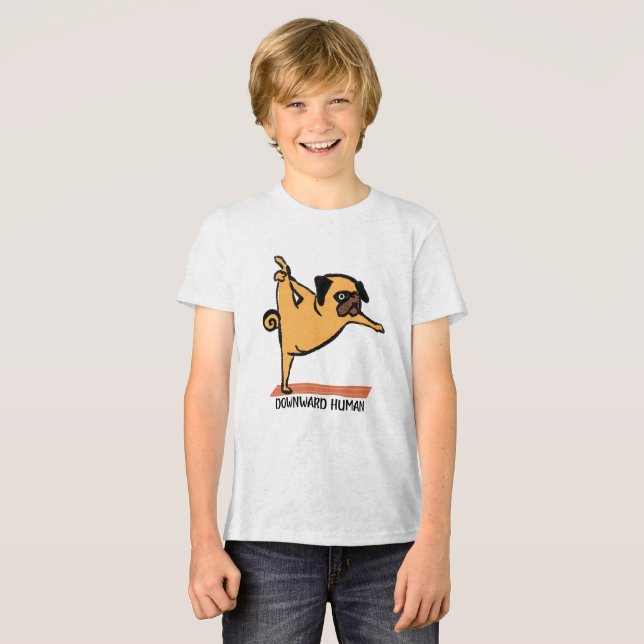 Human-Yoga-Hund-Funny nedåt T Shirt (Framsida Full)