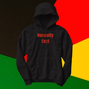 Humanitet första fetstilt röd text hoodie