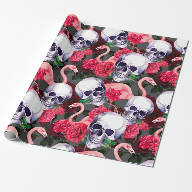 Humanskalle med flamingo- och röd ros-blommor presentpapper (Utrullad)