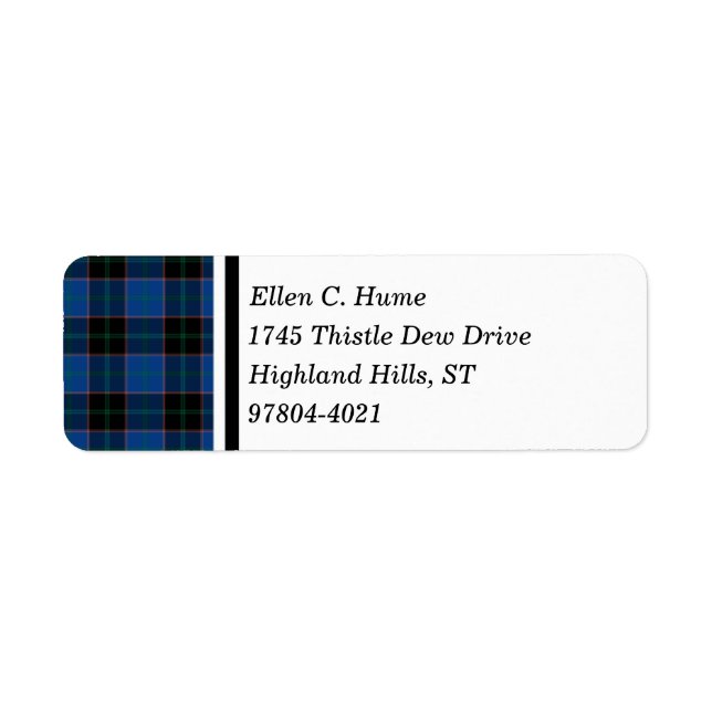 Hume Klan Royal Blue and Black Scottish Tartan Returadress Etikett (Framsidan)