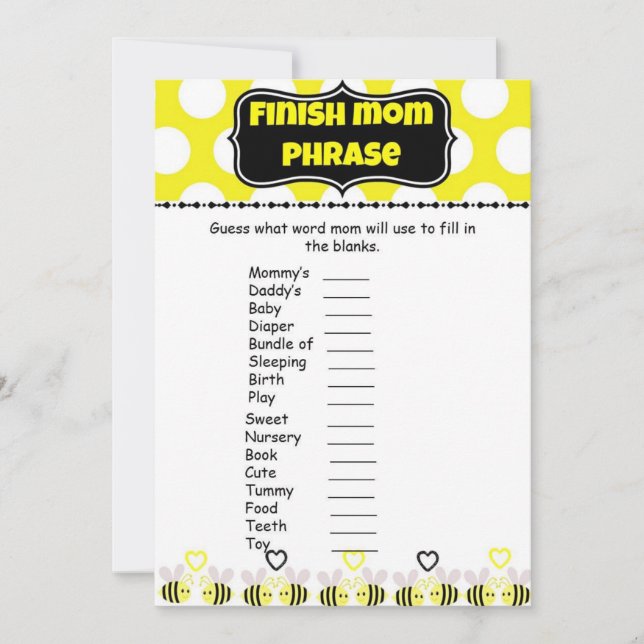 Humla Avslutar Mamma Phrases Baby Shower Game (Framsida)