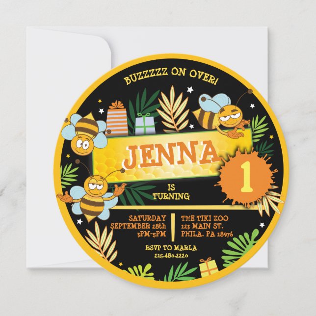 HUMLA Baby Födelsedagsfest inbjudan Första (Framsida)