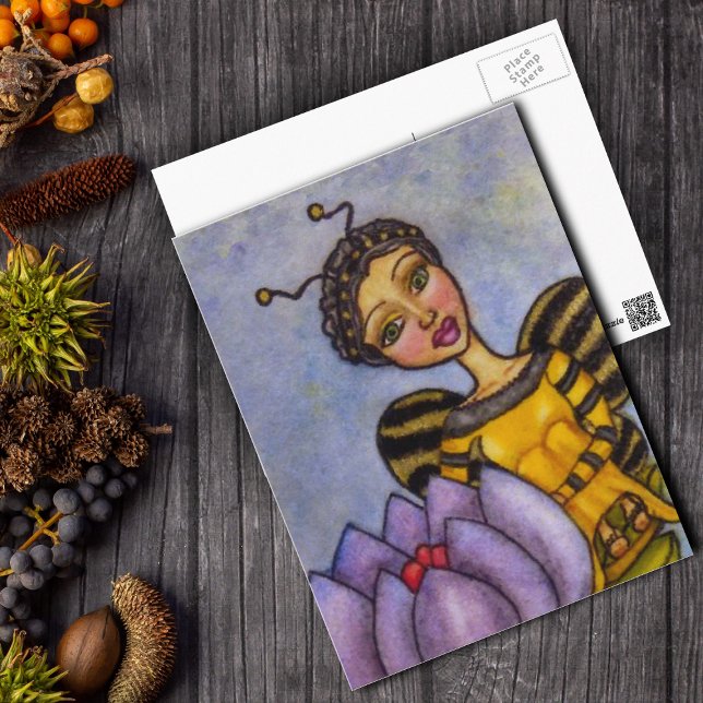 Humla Fairy on Flower Postcard Vykort (Pretty Bumble Bee Fairy sitting on purple flower on blue yellow postcard.)
