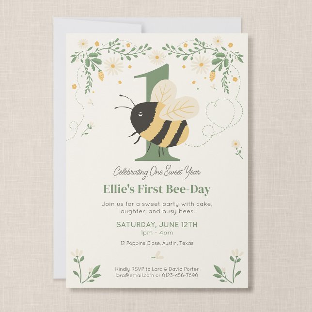 Humla Första Födelsedagsfest Inbjudningar (Wildflower Flight - First Bee Day Invitation, Front)
