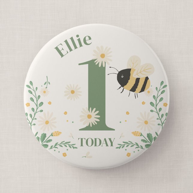 Humla Första födelsedagsmärke Knapp (Wildflower Flight - Milestone Honey Bee Birthday 4" Badge)