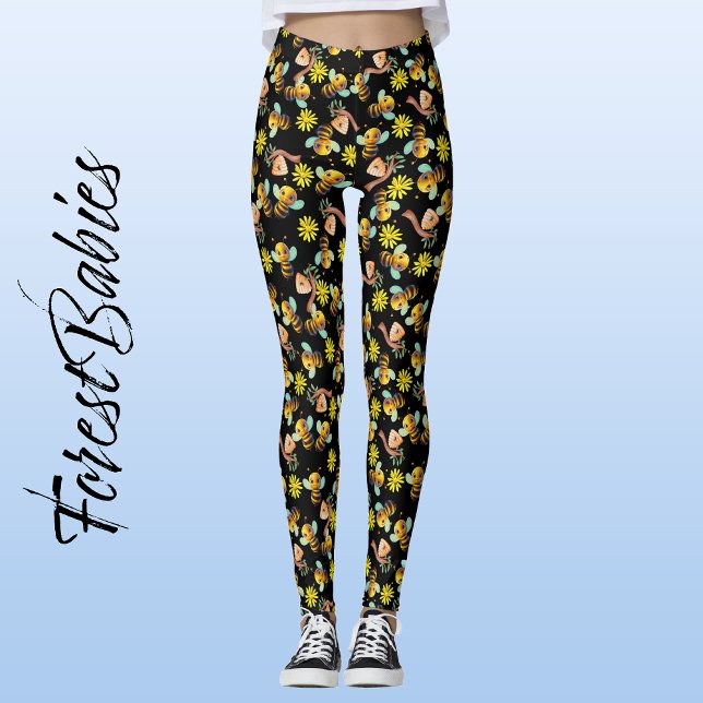 Humla 🐝 Gult Daisy, Honungssvart Blommigt Leggings (🐝 Bumble Bee, ForestBabies Yellow Daisy, Honey Hive Black Floral Leggings - Front)