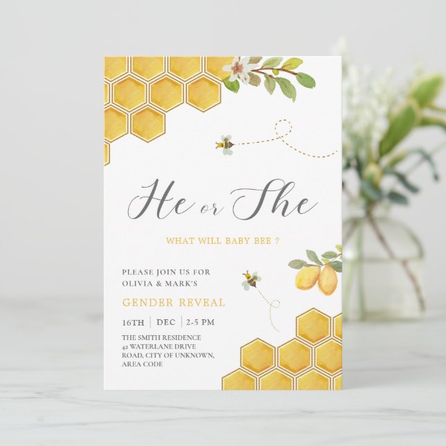 Humla Gult Honeycomb Baby Gender Reveal Inbjudningar (Stående Fram)