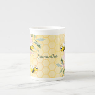 Humla gult honeycomb blommigt namn benporslin mugg