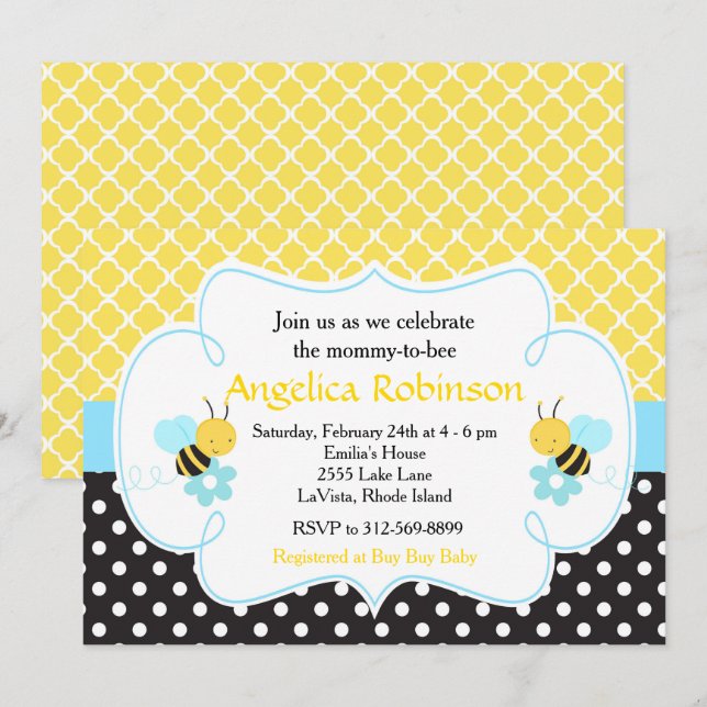 Humla Gult och Black Boy Baby Shower Inbjudningar (Fram/baksida)