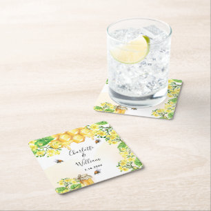 Humla honung gult blommigt bröllop underlägg papper kvadrat
