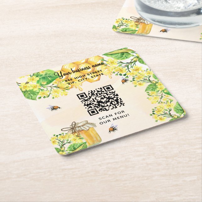 Humla honung gult blommigt business qr-kod underlägg papper kvadrat (Vinklad)