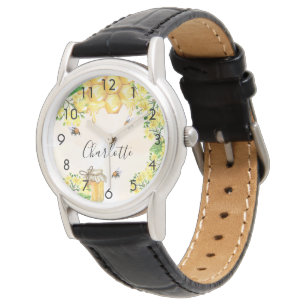 Humla honung gult blommigt monogram namn armbandsur