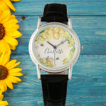 Humla honung gult blommigt monogram namn armbandsur<br><div class="desc">Cute humla,  gult blommigtar och droppar honung från honungskomb. Anpassa och lägg till ditt namn. Golden Nummer. Den här klockan är också tillgänglig i vår butik med svarta nummer.</div>