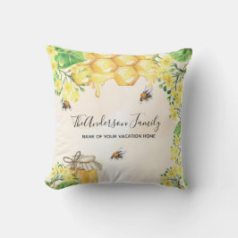 Humla honung gult blommigts familjemonogram kudde