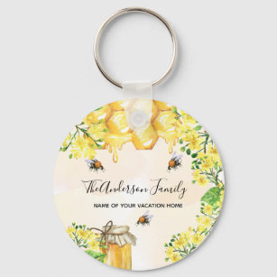 Humla honung gult blommigts familjemonogram nyckelring