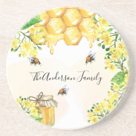 Humla honung gult blommigts familjemonogram underlägg