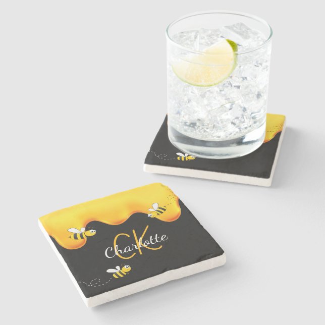 Humla honungsdroppar monogram svart guld stenunderlägg (Sidan)