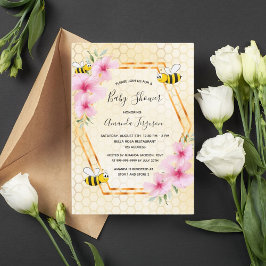 Humla honungskomb rosa blommigt babydusch inbjudningar
