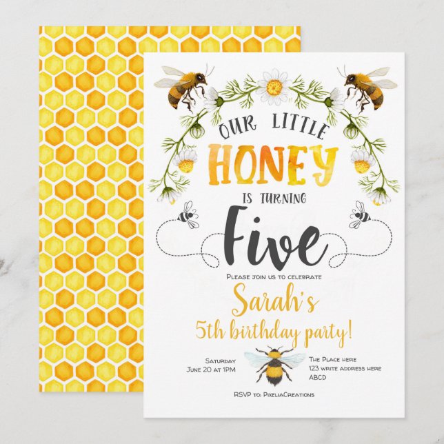 Humla. Lilla honung, Bee, 5-årsdag Inbjudningar (Fram/baksida)