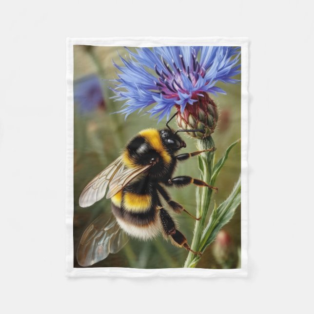 Humla på blå blomstermatta fleecefilt (Framsidan)